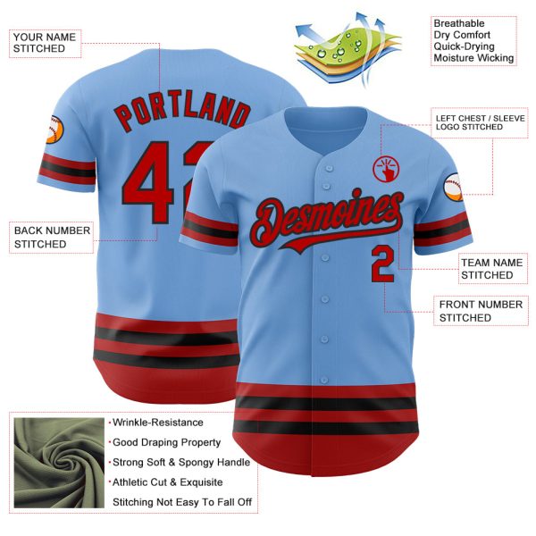 Custom Light Blue Red-Black Line Authentic Baseball Jersey - Image 3