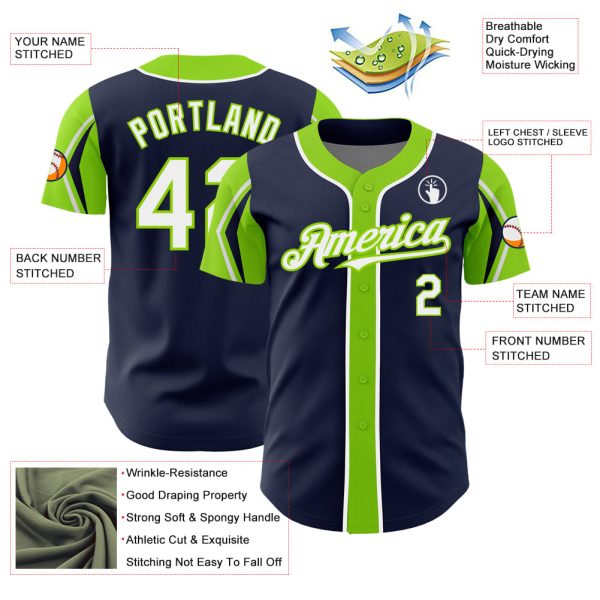 Custom Navy White-Neon Green 3 Colors Arm Shapes Authentic Baseball Jersey - Image 4