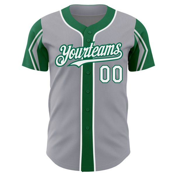 Custom Gray White-Kelly Green 3 Colors Arm Shapes Authentic Baseball Jersey - Image 3