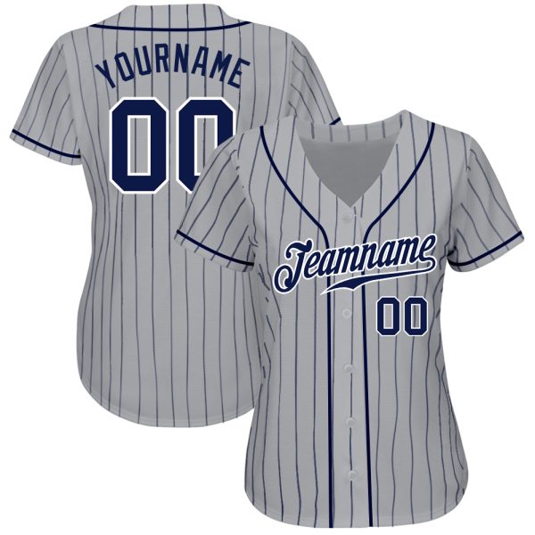 Custom Gray Navy Pinstripe Navy-White Authentic Baseball Jersey - Image 2