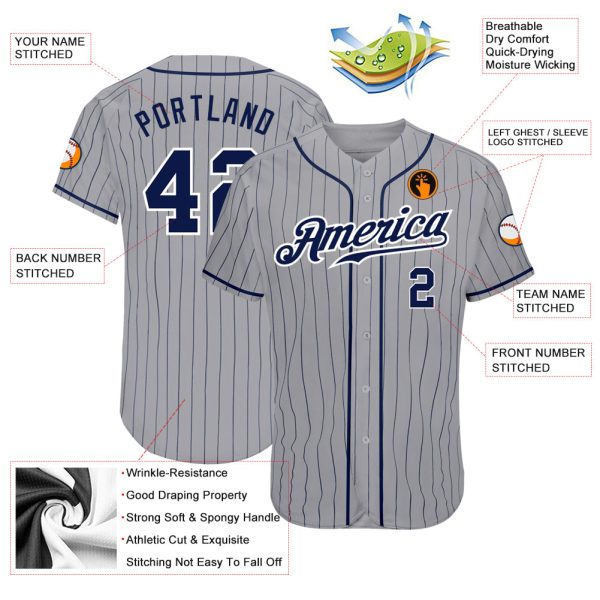 Custom Gray Navy Pinstripe Navy-White Authentic Baseball Jersey - Image 3