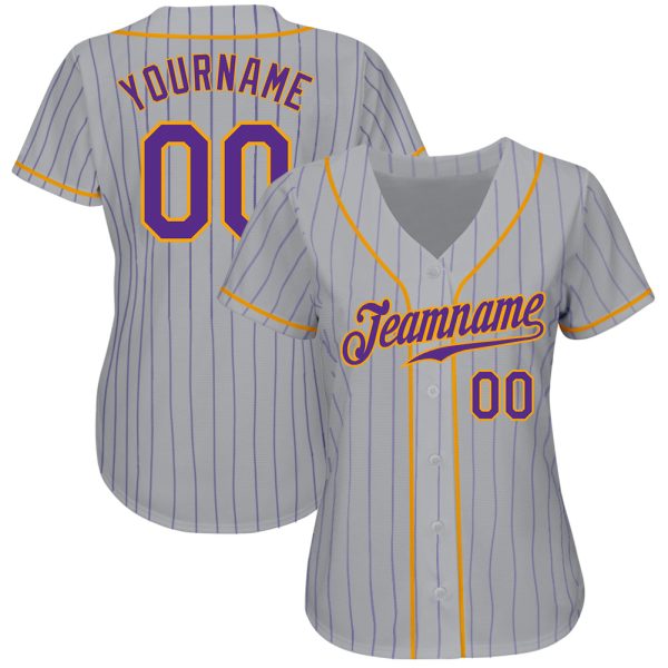 Custom Gray Purple Pinstripe Purple-Gold Authentic Baseball Jersey - Image 2