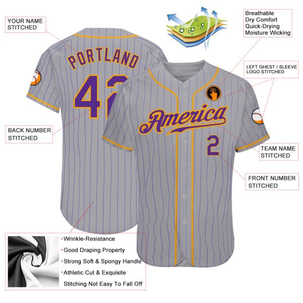 Custom Gray Purple Pinstripe Purple-Gold Authentic Baseball Jersey - Image 3
