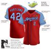 Custom Red Light Blue-Navy Authentic Raglan Sleeves Baseball Jersey - Image 3