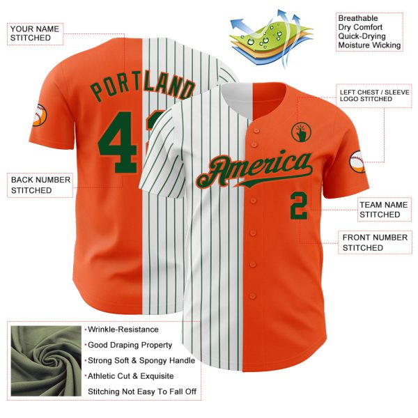 Custom Orange White-Green Pinstripe Authentic Split Fashion Baseball Jersey - Image 3