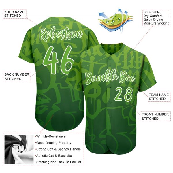 Custom Graffiti Pattern Green-White 3D Green Authentic Baseball Jersey - Image 3