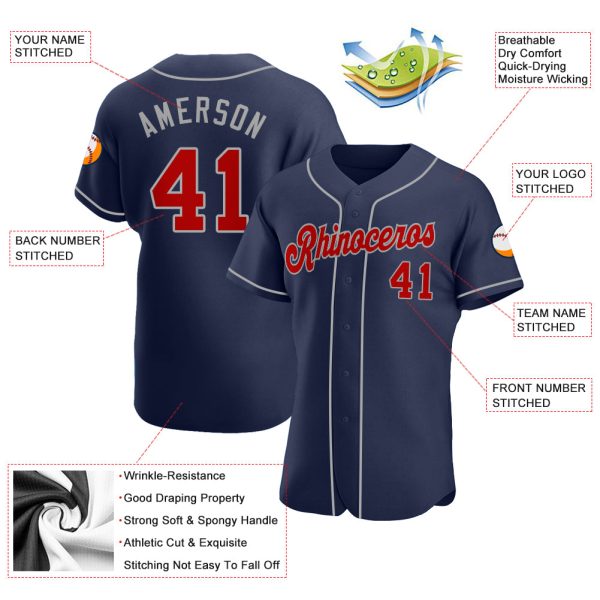 Custom Navy Red-Gray Authentic Baseball Jersey - Image 3